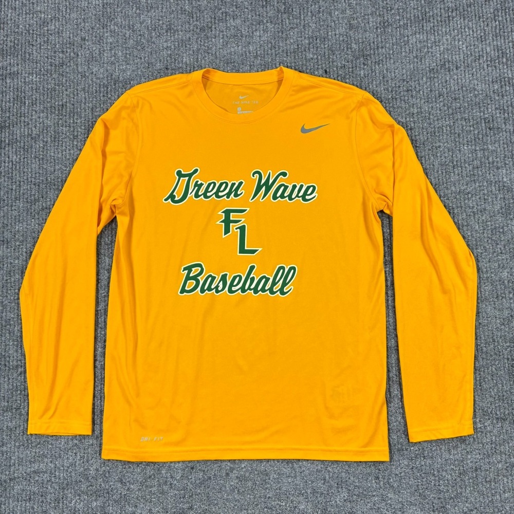 Nike Dri-FIT Green Wave FL Baseball Mens M Gold Long Sleeve Team Shirt